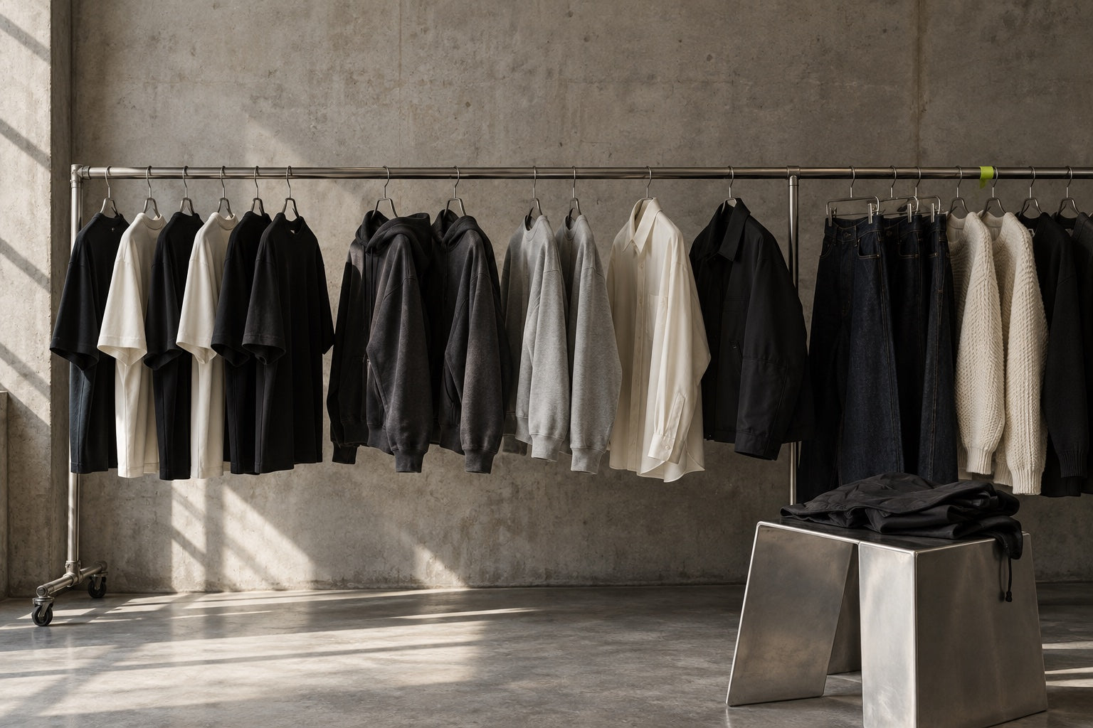 Neutral streetwear and textured garments in a concrete fashion studio