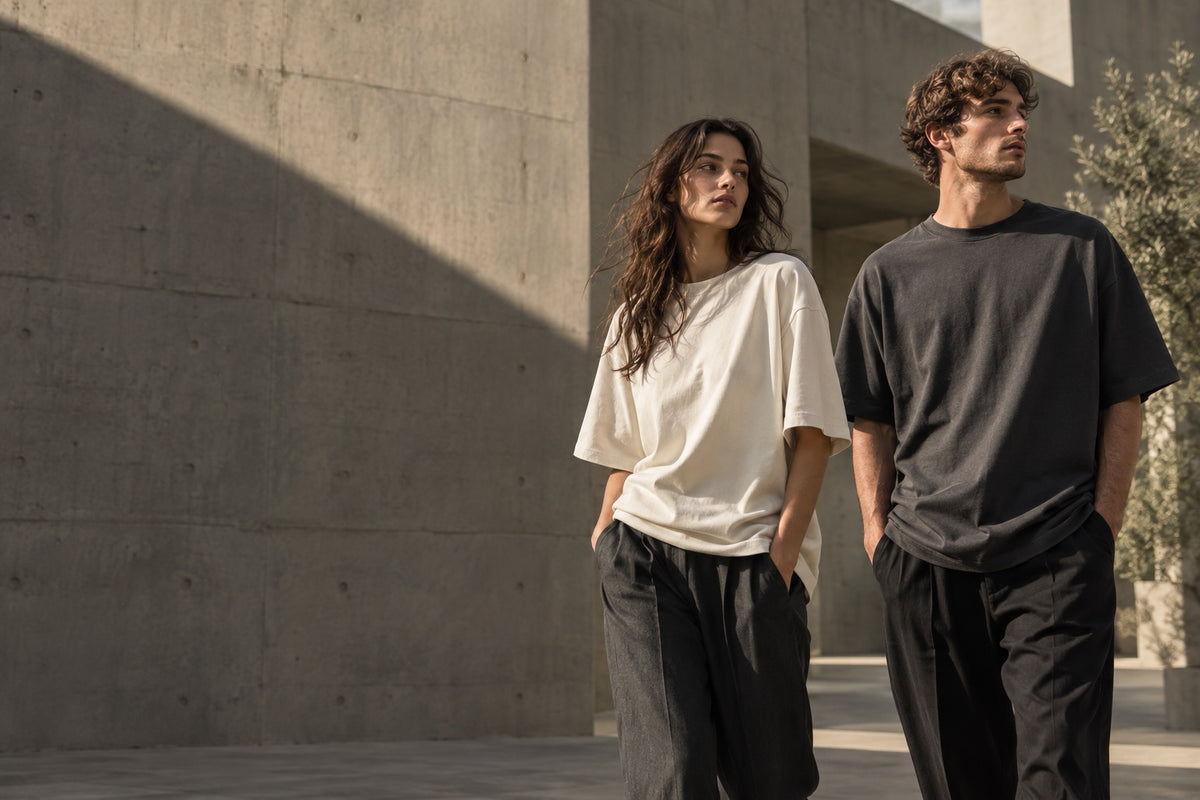 Two models in ivory and charcoal streetwear in a sunlit concrete courtyard